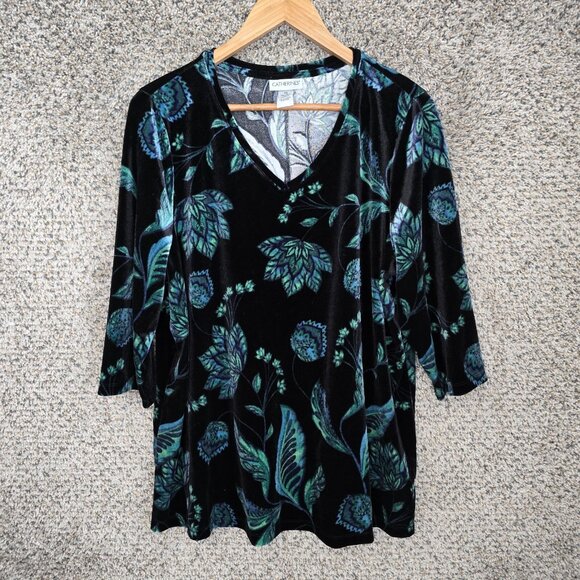 Catherines Top‎ Womens Plus 0X 14/16W Green Velvet Blouse V Neck Casual Ladies - Picture 1 of 7